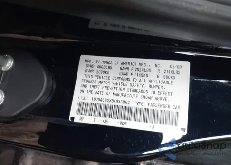 2008 Acura Tl 3.2 из США, поврежденный, VIN 19UUA662X8A036862